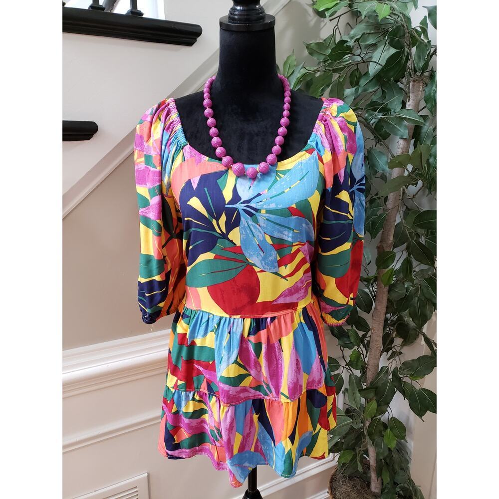 Terra & Sky Top Blouse Women Size 3X Multicolor Geo Print Half Sleeve Round Neck